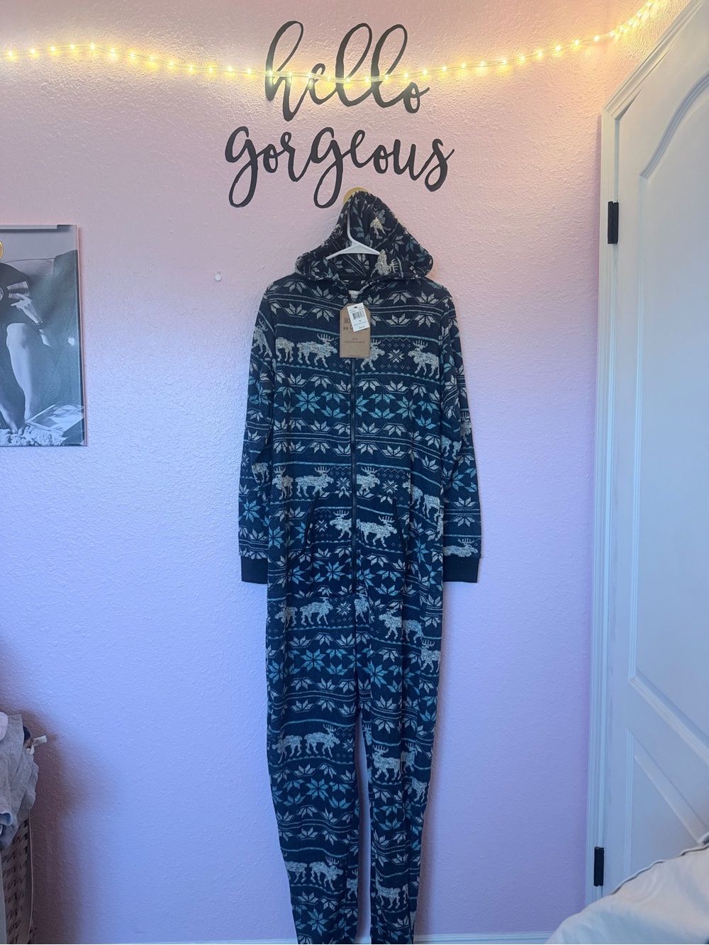 Bottoms out Hooded One-Piece Pajamas - Navy Reindeer Print